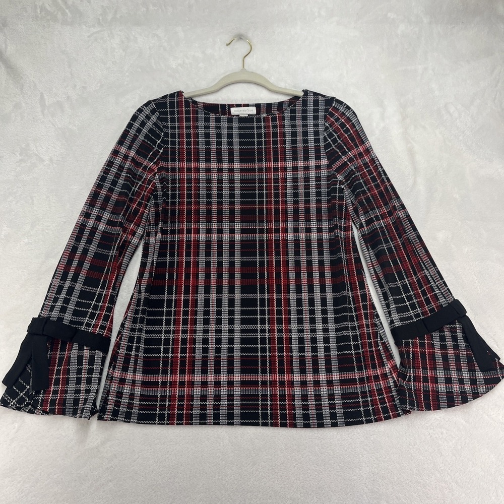 Charter Club Long Sleeve Plaid Blouse Women's XS Christmas Holliday Bows